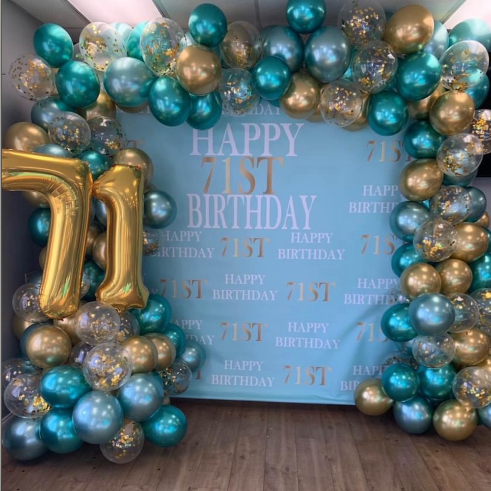 Happy 71st Bday 8x8 banner ONLY!Teal, Gold, Wht. NO BALLOONS OR STAND INCLUDED!